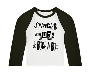 Snacks & Hugs & Rock n Roll 3/4 length sleeve Raglan T-Shirt